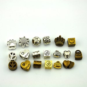 Op de afbeelding: Een verzameling van 18 zilveren en goudkleurige metalen bedels met verschillende ontwerpen, waaronder een pootprint, een schildpad, een voetbal, een bloem, een kroon, een hart, een vredesteken, een tas en een vierkant met het woord "Mam" erop.
