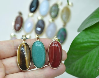 Natural Stone Pendant with Platinum Tone Brass Findings, Oval, Gemstone Pendant,Gemstone Jewelry Drop, Large Gemstone Pendant