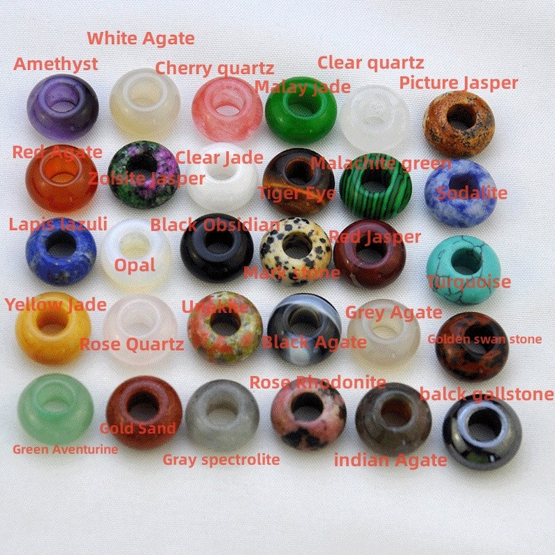 May include: Assortment of 24 gemstone beads, each with a hole for stringing. The beads are arranged in four rows of six beads each. The beads are various colors, including red, green, blue, black, white, and brown. The beads are labeled with their names, including amethyst, white agate, cherry quartz, clear quartz, Malay jade, picture jasper, red agate, clear jade, malachite green, tiger eye, sodalite, lapis lazuli, black obsidian, red jasper, opal, yellow jade, rose quartz, grey agate, black agate, golden swan stone, rose rhodonite, black gallstone, gold sand, green aventurine, gray spectrolite, and Indian agate.