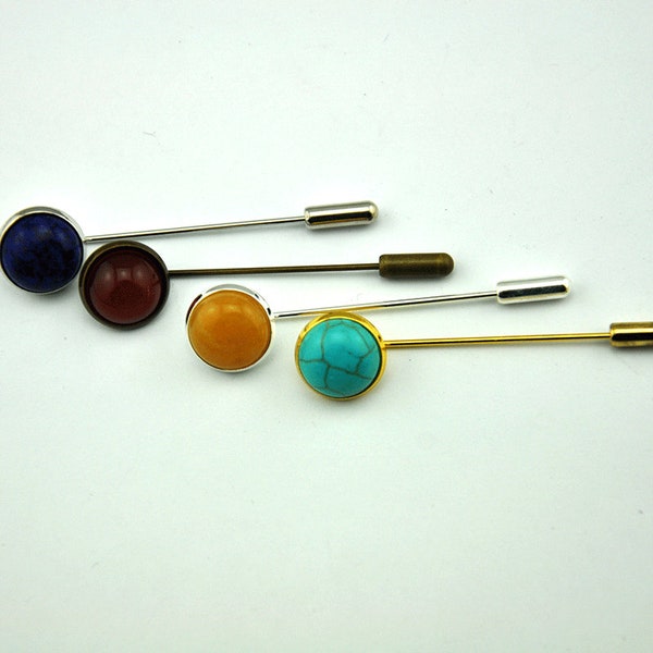 12mm Gemstone Round Stick Pin Setting Blanks-Lapel Pin Clutch-55mm Long With 12mm Gemstone Base Setting，Handcrafted Natural Stone-G1855