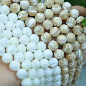 Peut inclure: Une collection de perles rondes disposées en plusieurs rangs. Les perles sont divisées en deux groupes de couleurs distincts : une section présente des perles blanches opaques et unies au fini lisse, tandis que l'autre section se compose de perles beige.