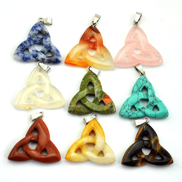Natural Stone Celtic Trinity Knot Pendants,Trinity knot with Silver Bail,DIY Crystal,Jewelry Making,Crystal Celtic Knot Triquetra Carving