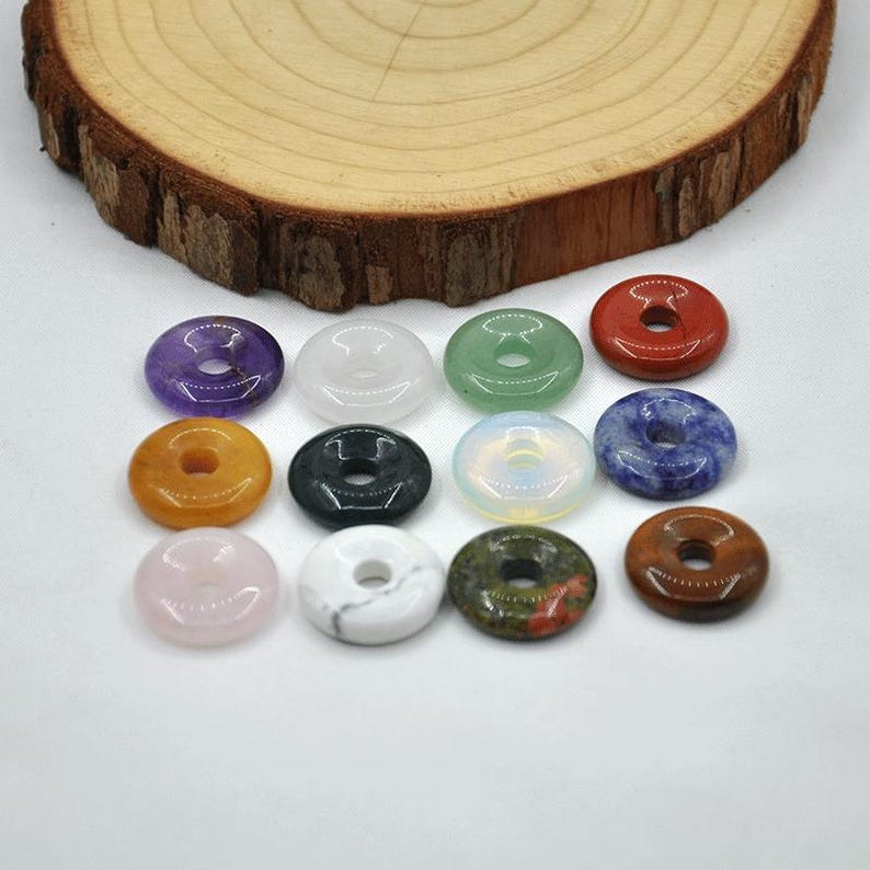 Pingente pequeno focal de donut de cristal redondo de pedra preciosa natural de 20 mm, pingente de donut de pedra preciosa, pingente de disco redondo, pedra preciosa de donut, contas de donut planas imagem 6