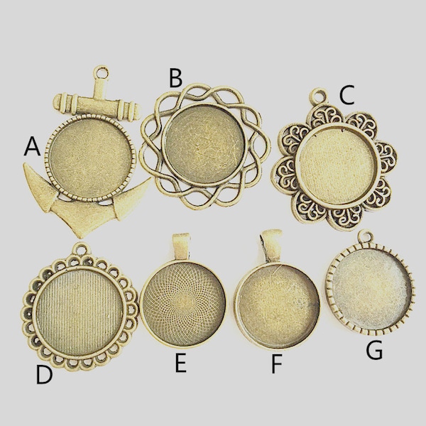 20mm Cabochon Base Setting--Antique Bronze Round Bezel Tray Charm Pendants,Anchor Cameo Charm Pendants,Flower Bezel Charm Pendants--G1249