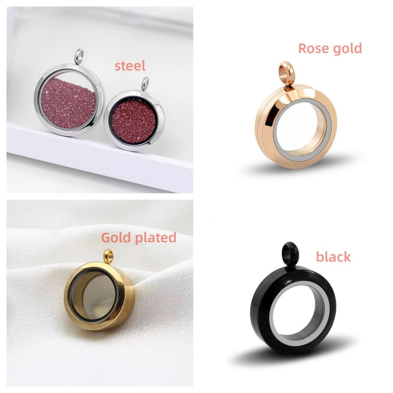 Puede incluir: Cuatro colgantes de medall&oacute;n en diferentes acabados: acero, oro rosa, chapado en oro y negro. Cada medall&oacute;n tiene un dise&ntilde;o redondo abierto con un inserto de vidrio transparente.