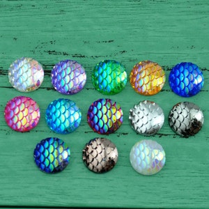 50 pcs Assortment of Mermaid Fish Scales Resin Carved Embellishment Cabochons - 12mm (1/2 in) - 13 Colors