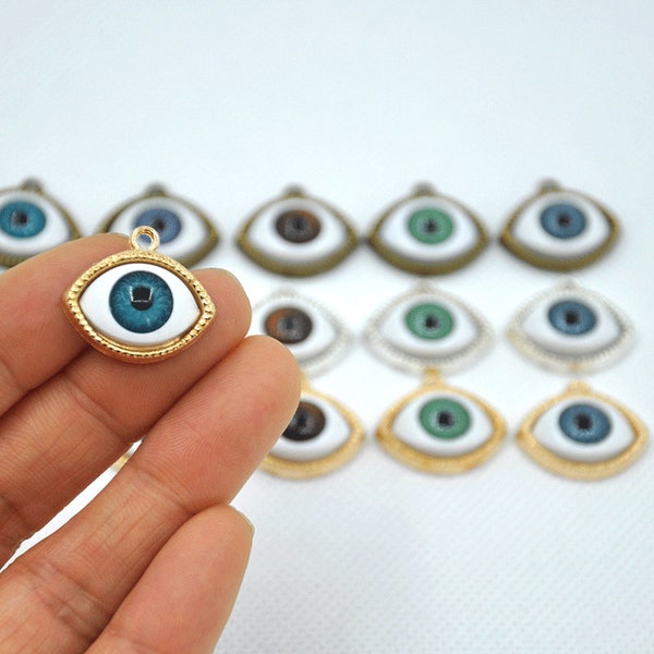 5PCS Enamel Evil Eye，Blue Eye Silver Tone Charms，Realistic Brown Eyeball，Evil Eye Pendant，color metal eye pendant，Realistic Eye ---L004