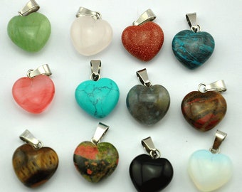 Colgantes de corazón de piedras preciosas naturales de 16 mm, colgantes de corazón de piedras mixtas, dijes de cristal DIY, fabricación de joyas, piedras preciosas naturales, dijes de corazón