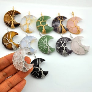 Moon Shape Gemstone Tree of Life Pendants，Moon wire wrapped Tree of Life，Style Tree of Life Moon Handmade Focal Moon shape pendant