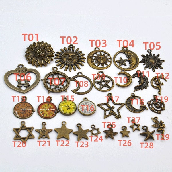 Charmes de tournesol, pendentif soleil d'été chaud, pendentifs étoiles, charmes étoile de mer, pendentifs charme ange, horloge à breloques montre de poche en émail, charmes lune-G254