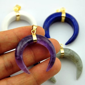 Amethyst Horn Anhänger,Mondsichel Anhänger,Doppel Horn Anhänger,Mondsichel Anhänger,Gold Anhängerschlaufe,Mond Anhänger,Mondanhänger-A102