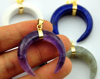 Amethyst Horn Pendant,Crescent Moon Pendants,Double Horn Pendant,Crescent Horn, Gold Bail,Moon Pendant,Crescent Moon-A102