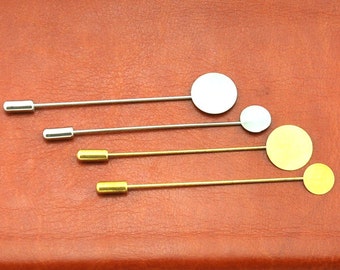 10 Sets Raw Brass /White K Stick Pin Clutch - Brooch - 10mm/15mm pad size with 70mm-75mm long -G1855