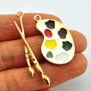 Brush Charm, 2set,4pcs-gold tone enamel artist palette charm,brush pen charm，Painter Palette Charm，Painter Brush Pendant -G1886-1