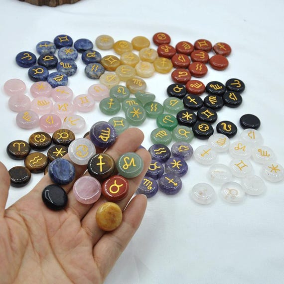 Natural Zodiac Runes of the Witch Set,Astrological Symbol，12 Stone Engraved ASTROLOGY Rune Set,Pocket Stones，Wiccan Runes