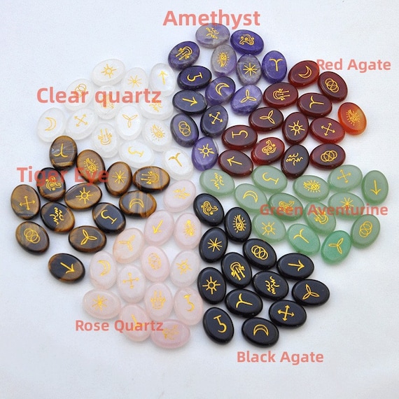 Natural Wiccan Rune Set,13 Stone WITCHES Rune Set,Witchcraft,witches runic symbols gemstone reiki healing crystals,Psychics and Cunningfolk