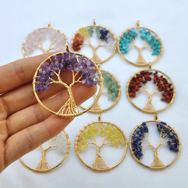 Tree Of Life Natural Gemstone Pendant,Natural Crystal Tree Jewelry.Healing Energy Gemstone Pendant, Handmade Wire Wrapped Pendant