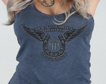 GET LUCKY Rock 'N' Roll Rodeo racer back tank top, blue tank, vintage wash, rock 'n' roll style, country style tank top, horseshoe, wings.