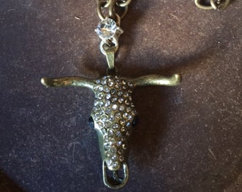 COW SKULL NECKLACE, longhorn, brass cowskull with crystals and 16" Chain