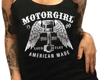 MOTORGIRL racer back tank top, Loud And Fast, rock 'n' roll, biker, tattoo style, motorgirl brand