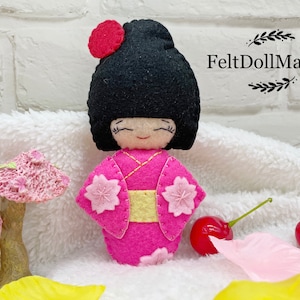 Felt Pattern. Japanese Kokeshi Doll. Pink. Felt Doll. PDF Pattern and Tutorial. Folk Art.