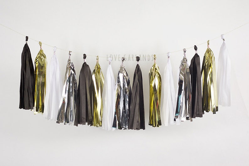 Black Gold White Silver Tassel Garland Black Tie Affair Wedding Black Gold Party Decor Black Gold Wedding Decorations White and Gold