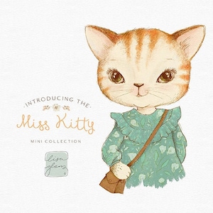 vintage kitty chat illustration graphique: chaton mignon peint / invitation clip art animaux / utilisation commerciale / bébés animaux orange rose