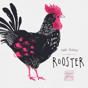 Handgeschilderde haan kip clipart / boerderij kinderdagverblijf kunst / kip illustraties / kinderverjaardag / vogels / uitnodiging / country clipart