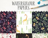 Watercolor Paper Set: Berries, Acorns & Giraffe Designs (Digital Paper)