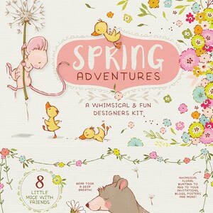 Spring Animal clipart set, bear clip art, cute mouse, girl nursery wall art, baby announcements, spring floral wreath clipart, nursery decor image 1