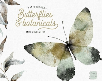 Watercolour butterflies and leaves: hand painted leaf background clipart / butterfly / watercolor botanicals / cottagecore  / garden clipart