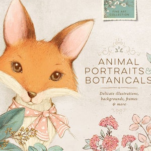 Cute animal illustrations and vintage flowers arrangements, frames, wreaths and botanical backgrounds forest animal clipart