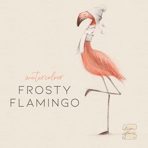 Flamenco de acuarela: clipart pintado a mano mural de vivero de animales arte de vacaciones de invierno rosa esbozado acuarela pájaro de Navidad