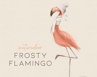 Watercolor flamingo: hand painted clipart animal nursery wall art of winter holiday pink sketched watercolour Christmas bird