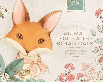 Cute animal illustrations and vintage flowers arrangements, frames, wreaths and botanical backgrounds forest animal clipart