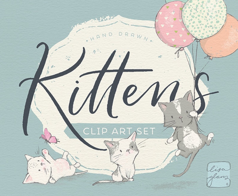Spring kitten clipart set: kittens & butterflies clip art, cat clipart, instant download kitten clipart with PNG files for commercial use image 1