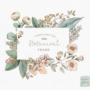 May include: A watercolor illustration of a botanical frame with white flowers, green leaves, and the text "Hand Crafted Botanical Frame".