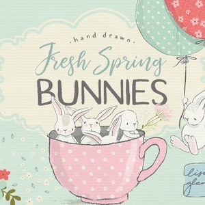 Spring bunny clipart set: cute bunnies clip art, teacup clipart, instant download cute rabbit clipart with PNG files for commercial use
