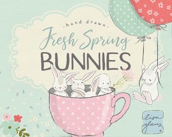 Spring Bunny Clipart Set: Hand-Drawn Bunnies, Teacups (PNG Files)