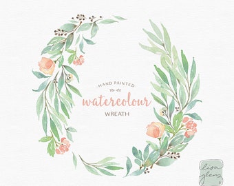 Watercolor hand painted clipart: leafy green and peach watercolor wreath clipart perfect for wedding stationery