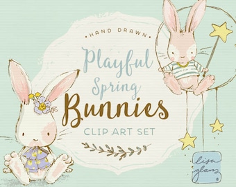 Spring Bunny Clipart Set: Hand-Drawn Easter Bunnies (PNG, AI, Commercial Use)