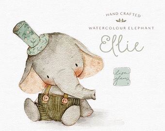 Watercolor elephant: hand painted clipart / woodland nursery art / baby animal clip art / children's birthday / baby birth announcement /