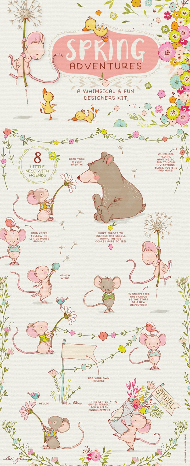 Spring Animal clipart set, bear clip art, cute mouse, girl nursery wall art, baby announcements, spring floral wreath clipart, nursery decor image 1