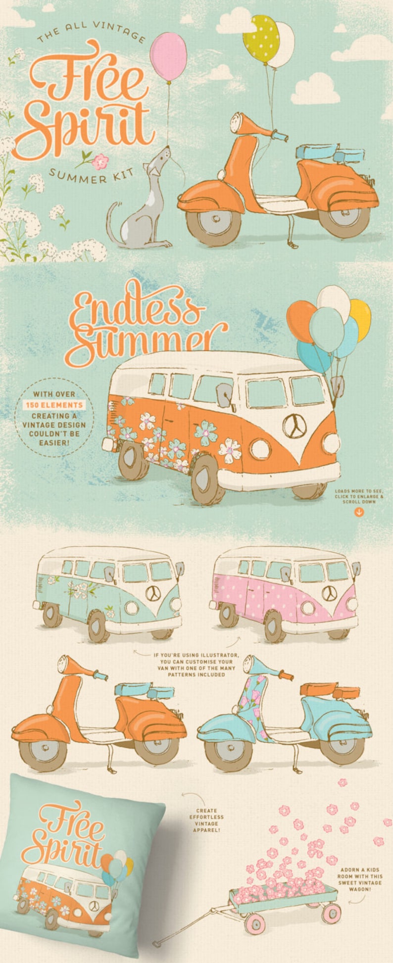 Puede incluir: Un kit de dise&ntilde;o vintage de verano con una furgoneta VW colorida, un scooter, un perro y un carro. El kit incluye m&aacute;s de 150 elementos para crear dise&ntilde;os vintage.