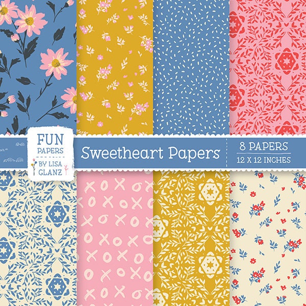 Modern colorful floral bright papers printable, digital download papers in 12x12 inches, flower background, papers in gold, blue, and pink