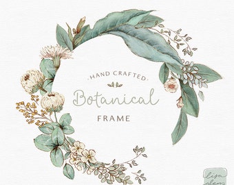 Clipart z wieńcem z liści: Okrągła ramka botaniczna (PNG)