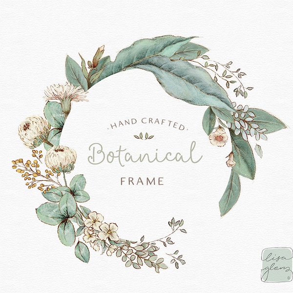 Round botanical leafy floral frame: hand drawn leaf wreath clipart / Wedding invitation clip art green leaves / commercial use / rustic