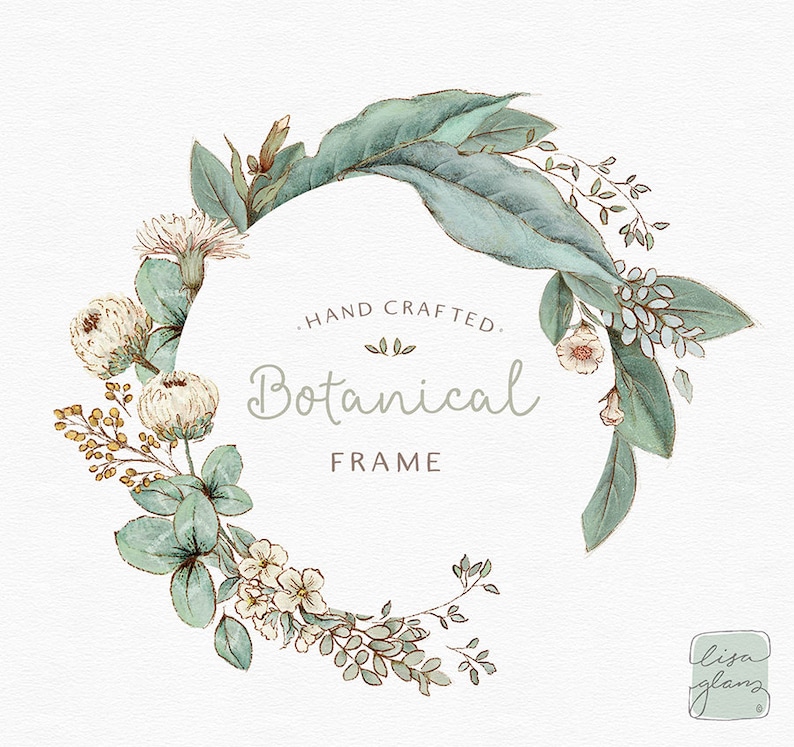 Round botanical leafy floral frame: hand drawn leaf wreath clipart / Wedding invitation clip art green leaves / commercial use / rustic image 1