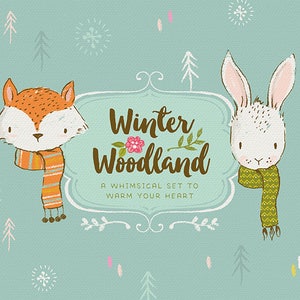 Zimowy las clipart / clipart zwierząt / clipart świąteczny / sztuka ścienna do pokoju dziecięcego / clipart pory roku / wystrój / clipart lisa, królika, jelenia, niedźwiedzia