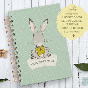 Cute baby bunny illustration with bow: sweet painted rabbit / invitation clip art animals / commercial use / baby animals yellow grey image 4